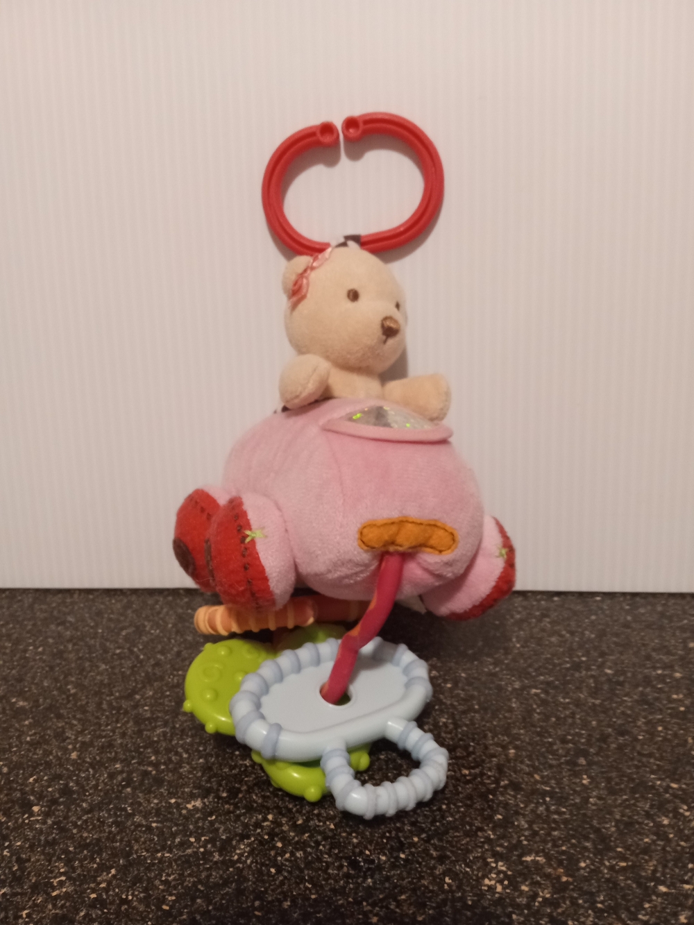 Carter's Pink Bear Stroller/ Car Seat Toy with  Clip andTeethers, Vintage 2008